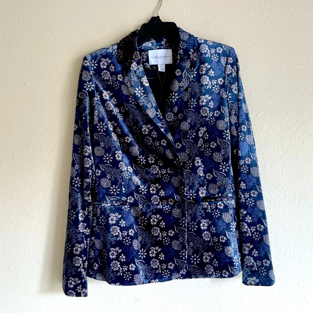 NWT Carolina Belle Navy Floral Velvet Blazer Jacket Sz M US - Picture 2 of 9